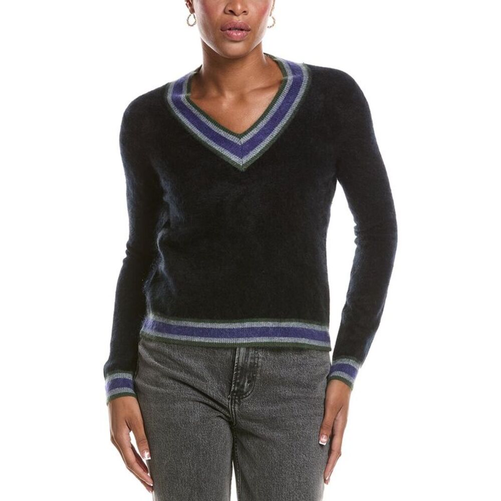 Autumn Cashmere Womens  Striped V 100% Cashmere Tennis Sweater, Navy